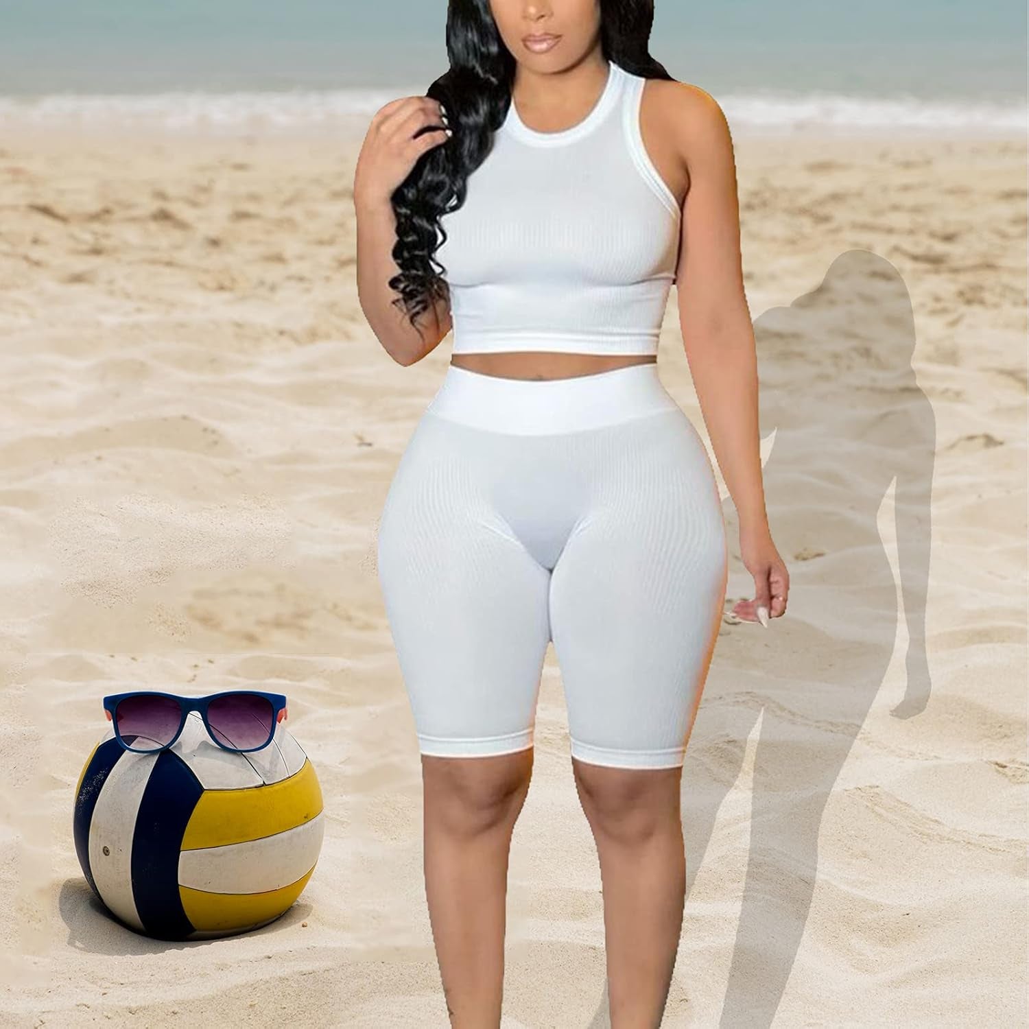 Women'S Sexy Shorts Set 2 Piece Summer Outfits Crop Top High Waist Biker Short Bodycon Jumpsuits White S
