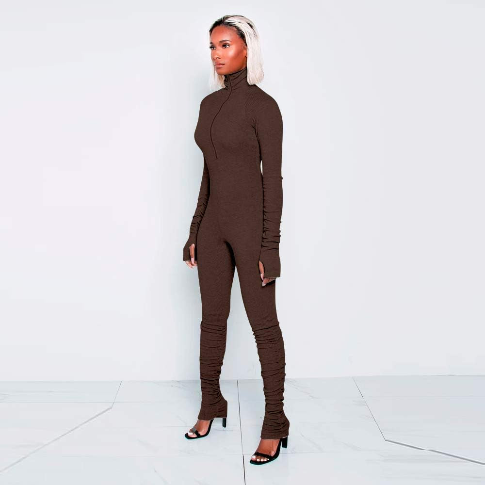 Women High Neck Zipper Ruched Bodycon Jumpsuit Tracksuit with Thumb Hole