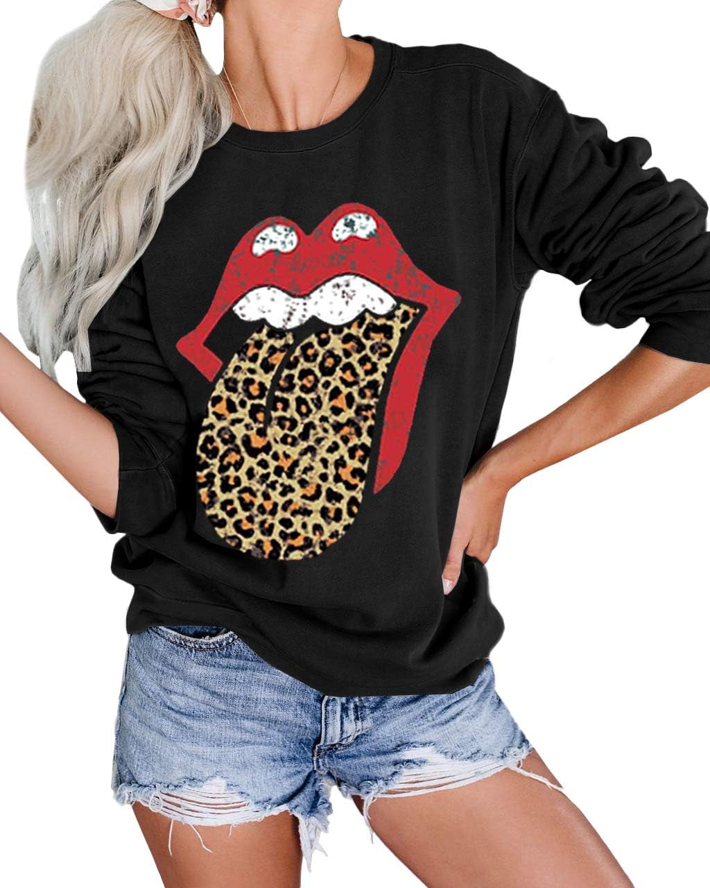 Fashion Red Lips Leopard Tongue Print Sweatshirts Black Pullover Tops Long Sleeve Lounge Tops Rep Lip Leopard Tongue S