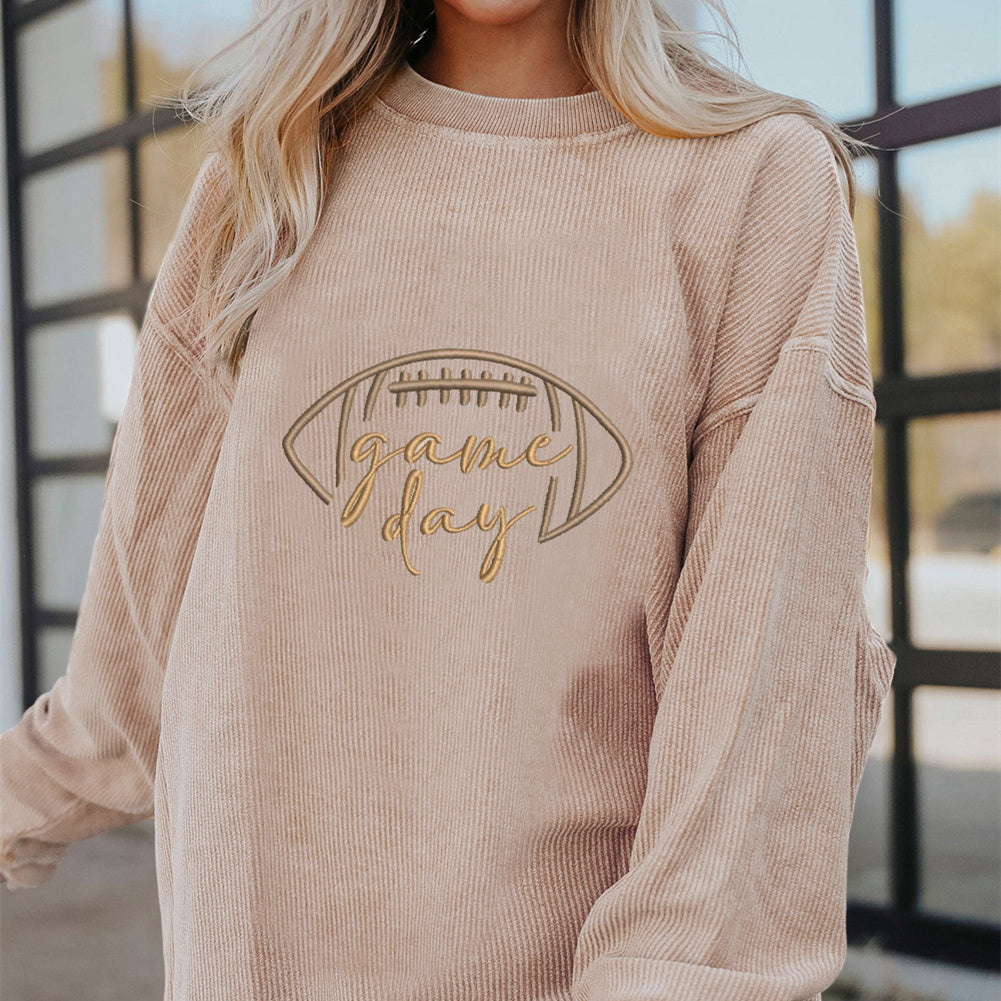 Smoke Gray Twisted Rib Texture Game Day Rugby Embroidered Baggy Sweatshirt