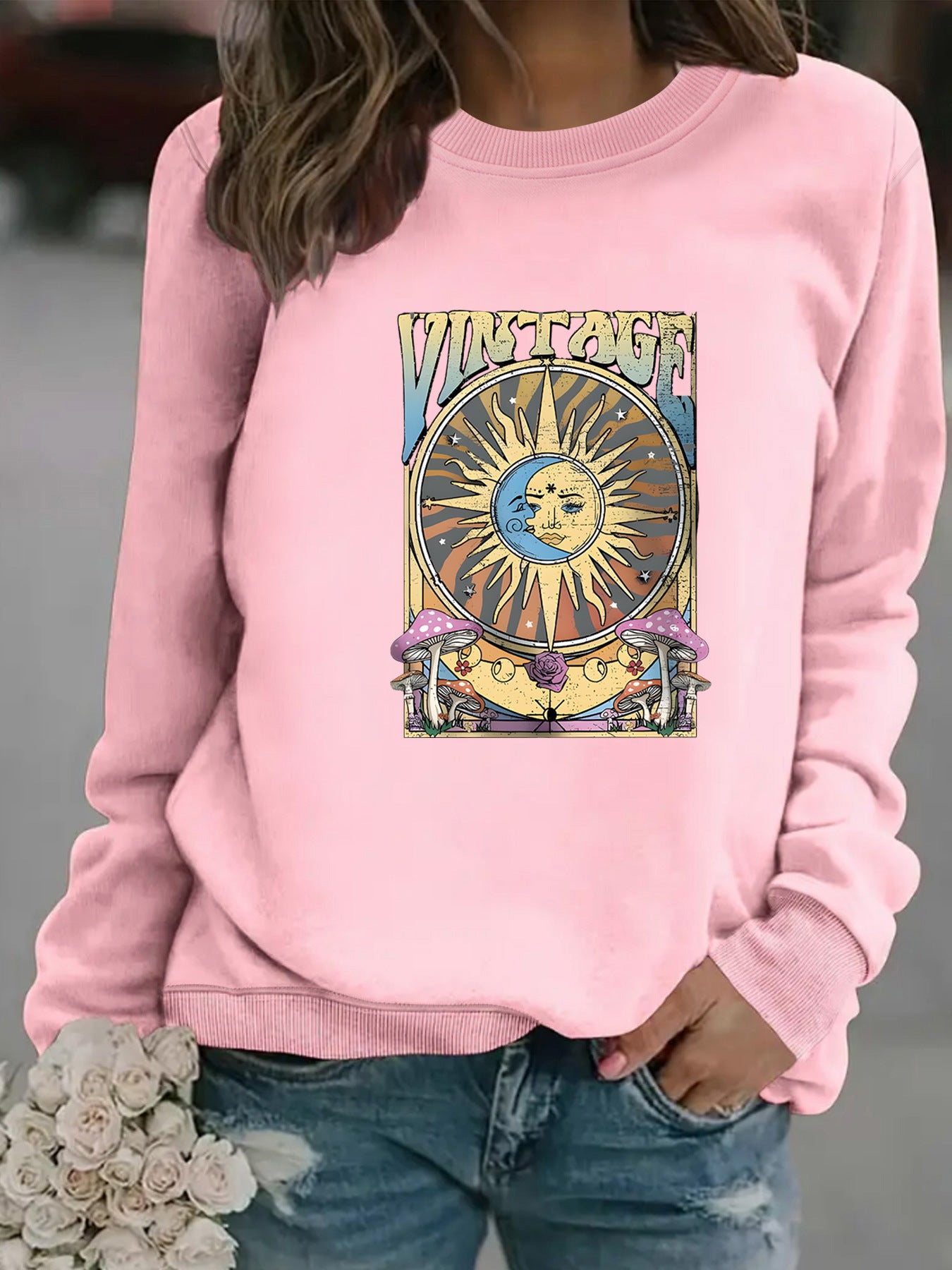 Women's Autumn And Winter Clothing Casual Long Sleeve Round Neck Sun Moon Print Pullover Sweater Sweatshirt