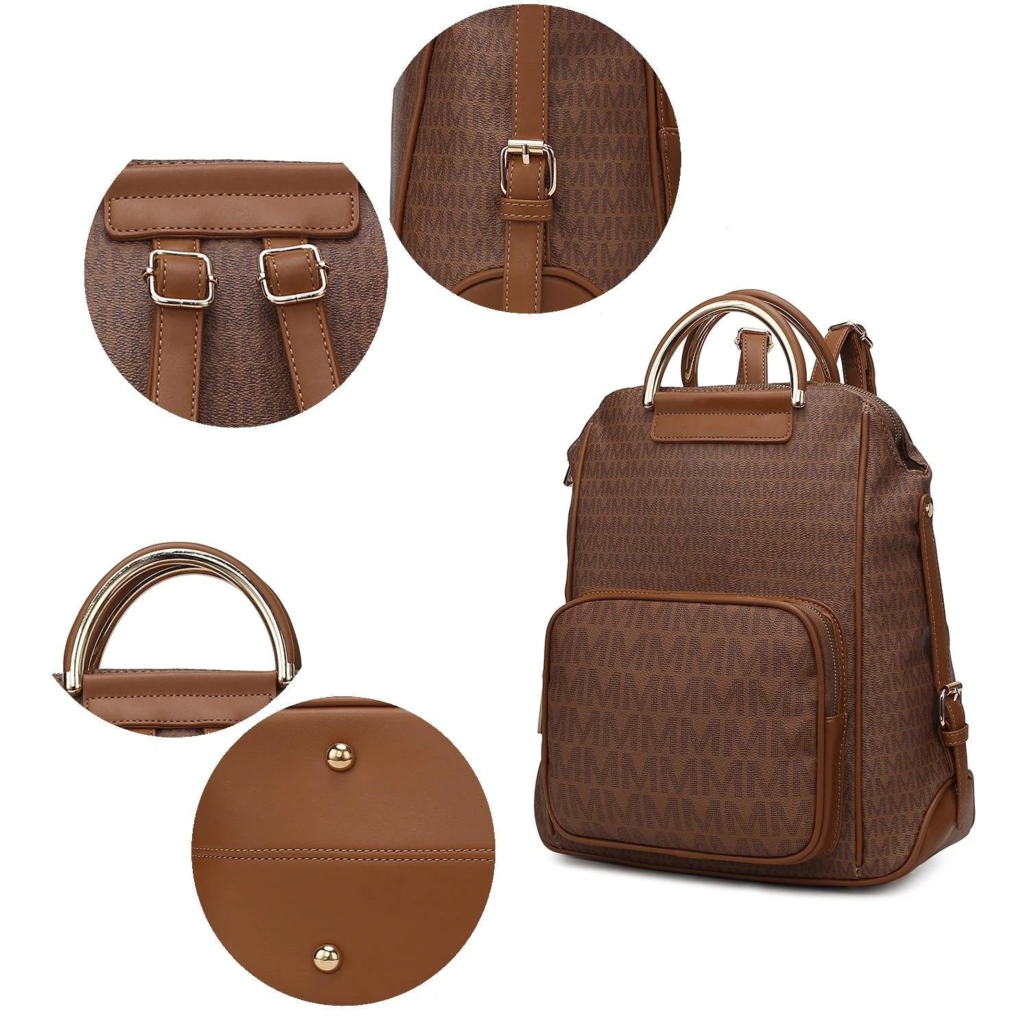 June Women’S M Logo Printed Vegan Leather Backpack for Travel by Mia K - Beige
