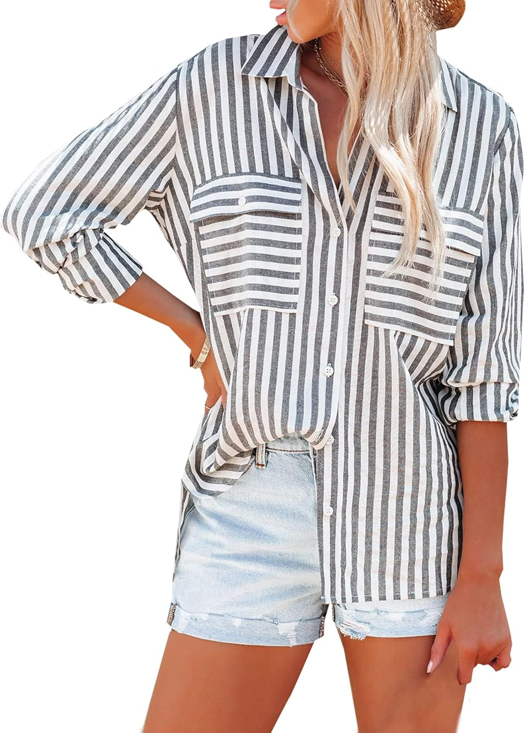 Women'S Striped Button down Shirts Casual Long Sleeve Stylish V Neck Blouses Tops with Pockets