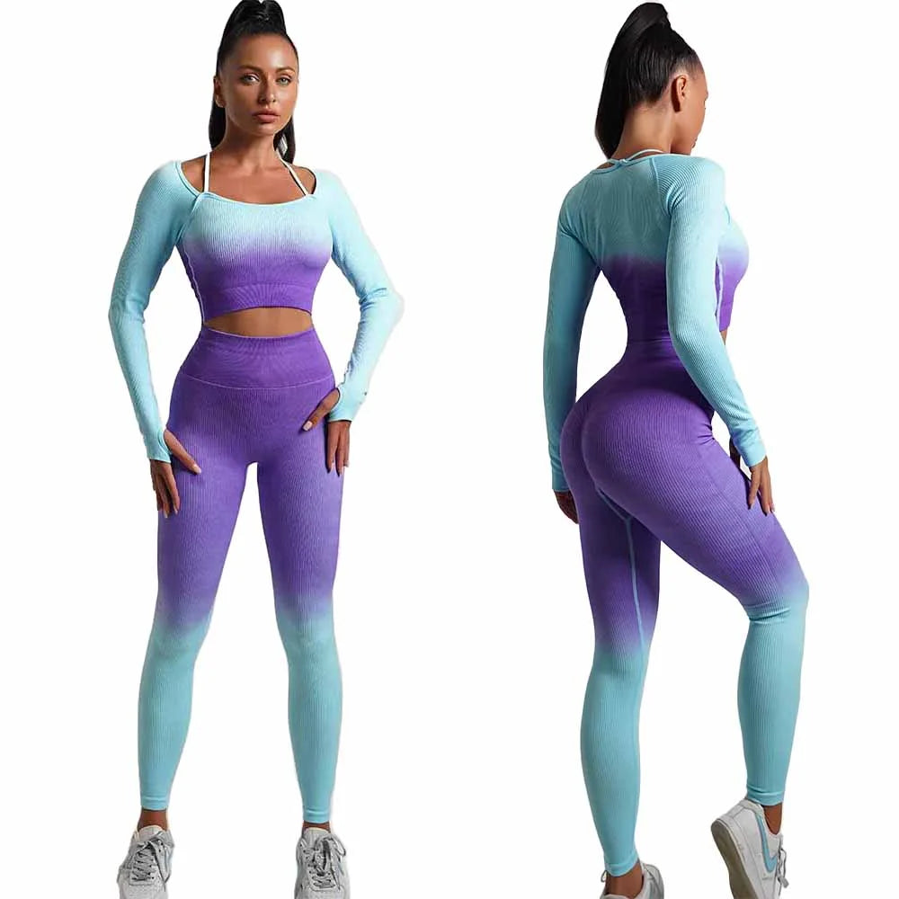 Women'S Fitness Clothing Gym Outfit and Yoga Workout Set Crop Top and High Waisted Leggings Ombre Gradient 2 Piece Set (Purple/Blue, Small)