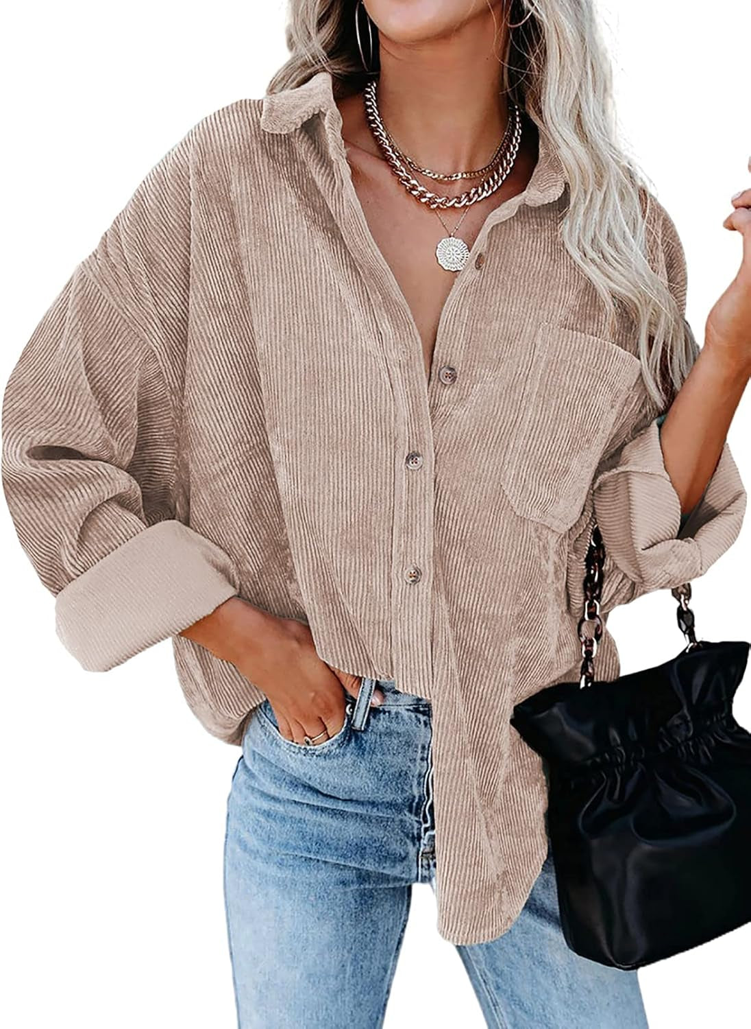 Women Corduroy Long Sleeve Button down Shirt Oversized Jacket Tops