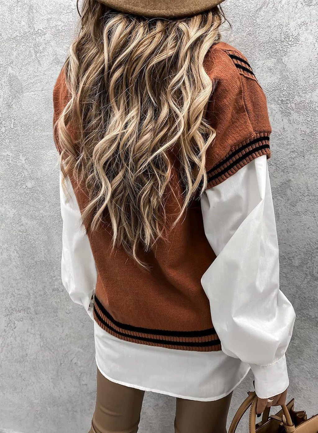 Womens plus Size Oversized Knit Pullover Sweater Vest School Uniform Sleeveless Jumper Sweater Waistcoat Orange Brown 2XL