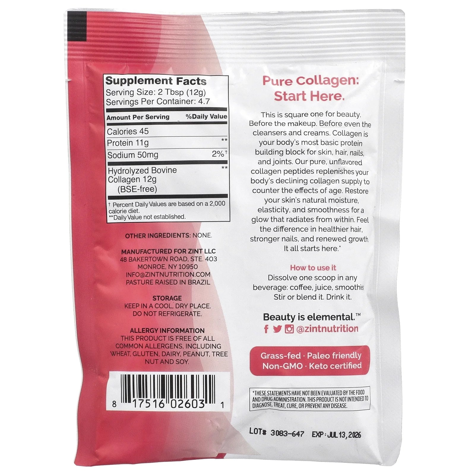 Grass-Fed Beef Collagen, Hydrolyzed Collagen Types I & III, 2 Oz (56.6 G)