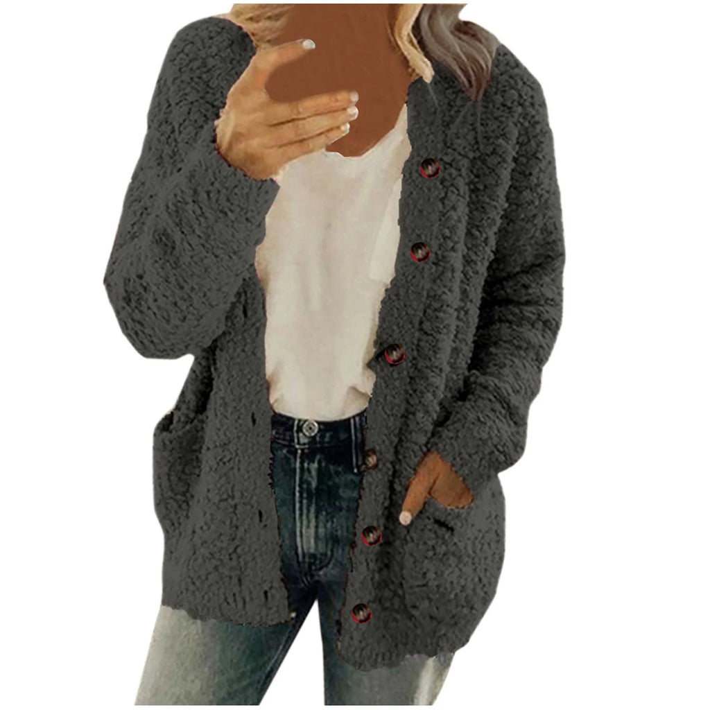 Warm Winter Coats for Womens Casual plus Size Fleece Open Front Button down Long Sleeve Jacket Outerwear