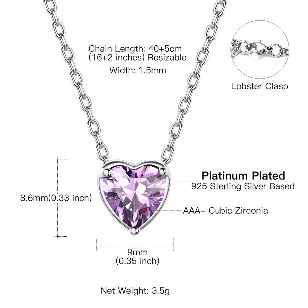 Silver Necklace 925 Sterling Silver Birthstone Love Heart Necklace Mother'S Day Gift