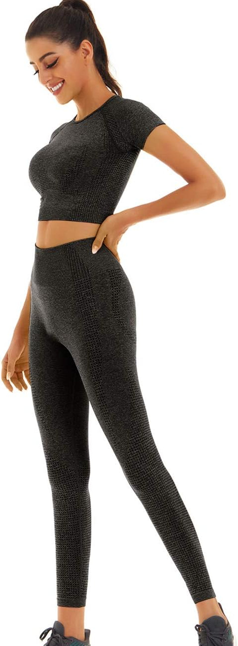 Women Seamless Workout Outfits Yoga 2 Piece Set Legging Short Sleeve Top (Black Gray, Small)