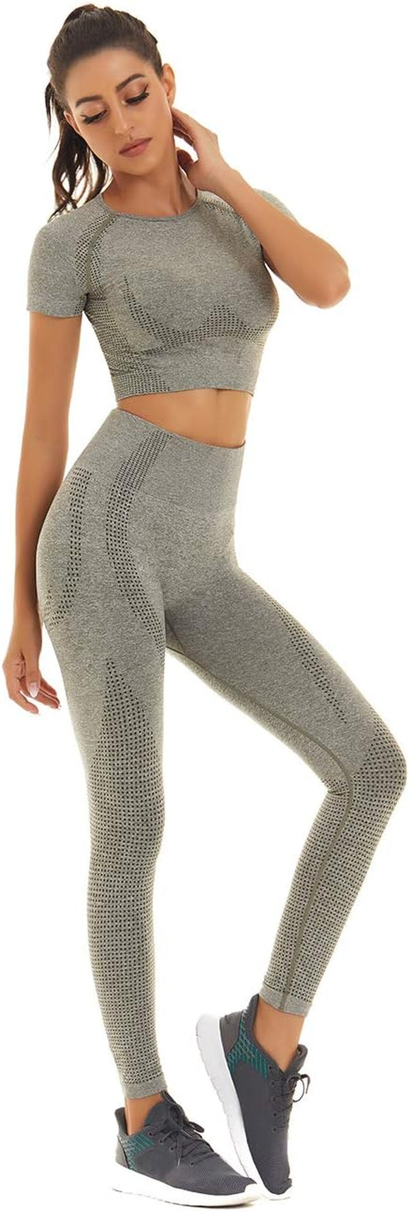 Women Seamless Workout Outfits Yoga 2 Piece Set Legging Short Sleeve Top (Green Gray, Small)