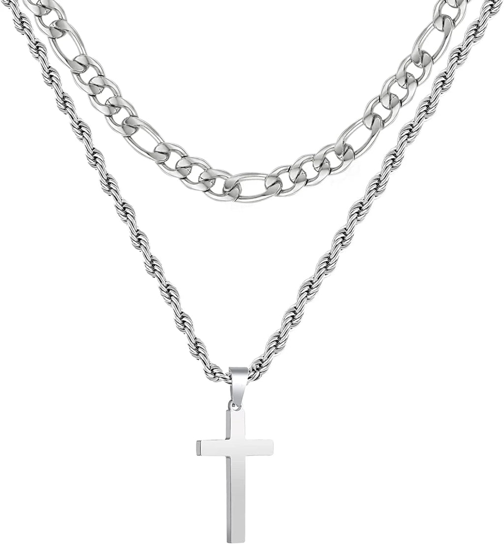2025 Graduation Gifts for Him Boys Kids Teenages Teen Boyfriend Brother Son Grandson Graduates Silver Cross Necklace Pendant Chain Set Catholic Religious Christian Jewelry Gifts Ideas Age