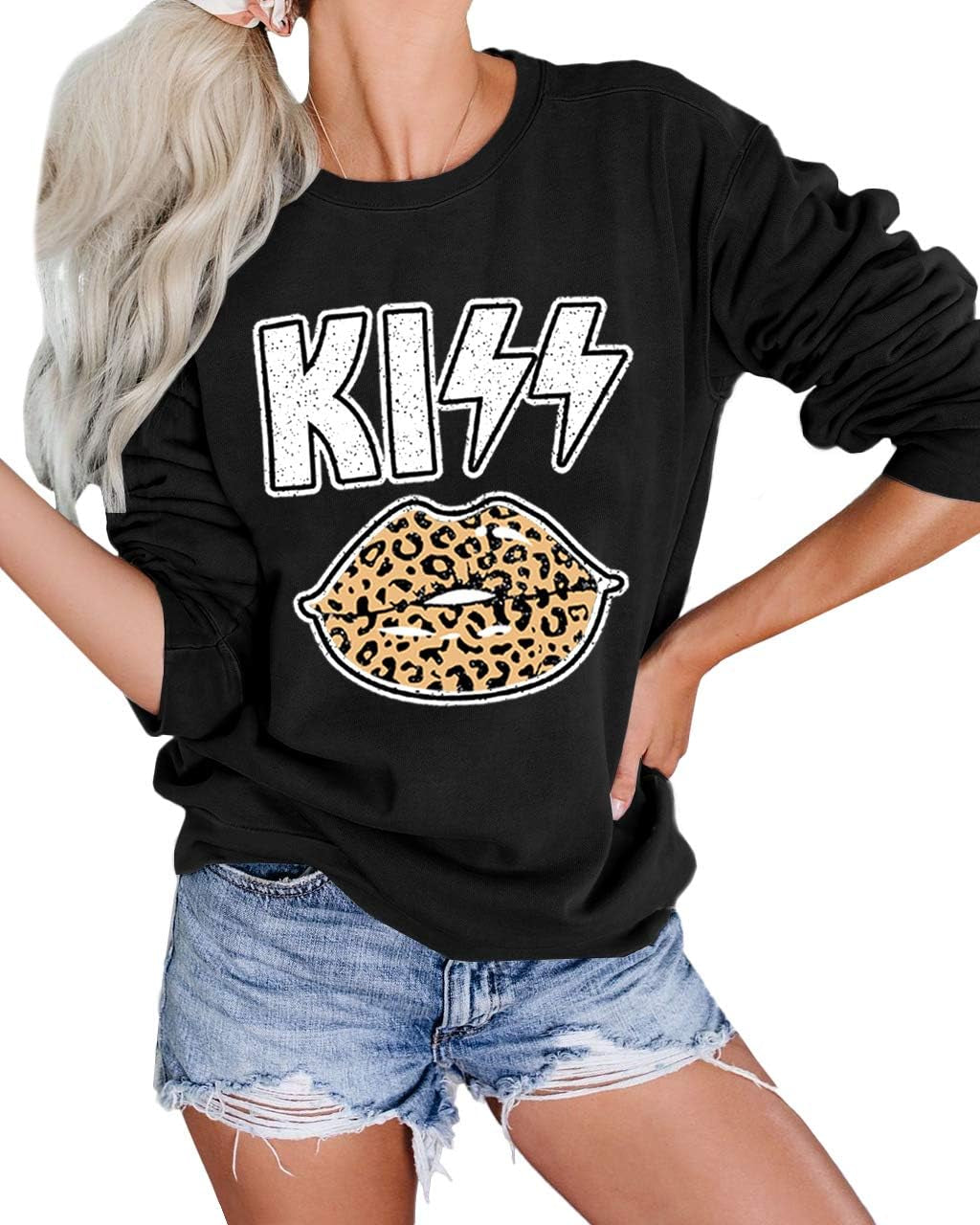 Crewneck Sweatshirts for Women Casual Graphic Shirts Warm Leopard Lips Print Pullover Tops Kiss Lip L