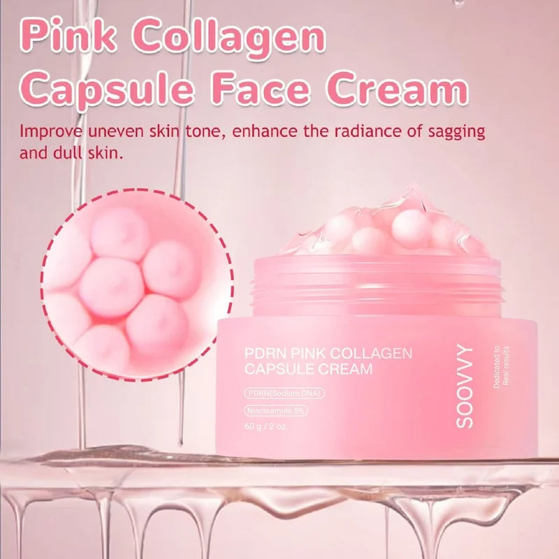 Pink Collagen Capsule Cream, Face Moisturizer, Lightweight Moisturizing Cream , Niacinamide for Uneven Skin Tone, Glow Hydration, Korean Skin Care, 2 Oz