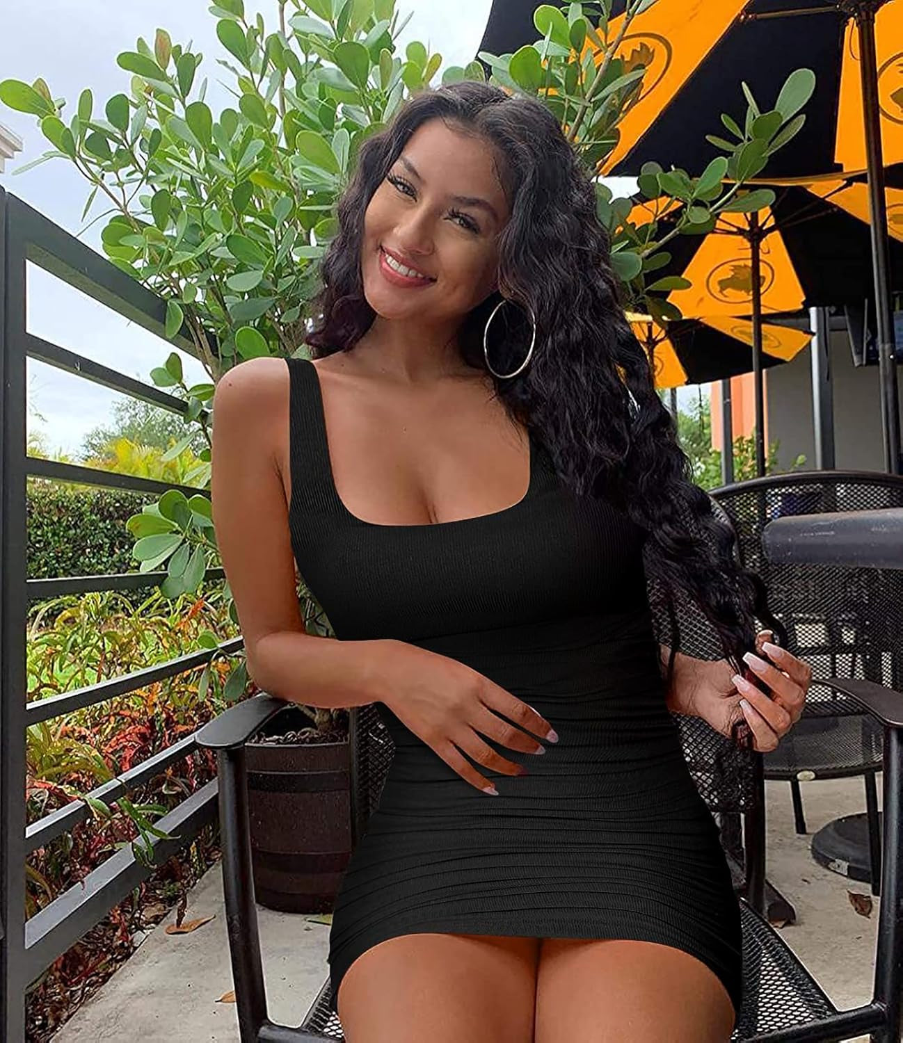 Womens Summer Bodycon Mini Dress Scoop Neck Ruched Sleeveless Ribbed Knit Casual Party Club Short Tank Dress