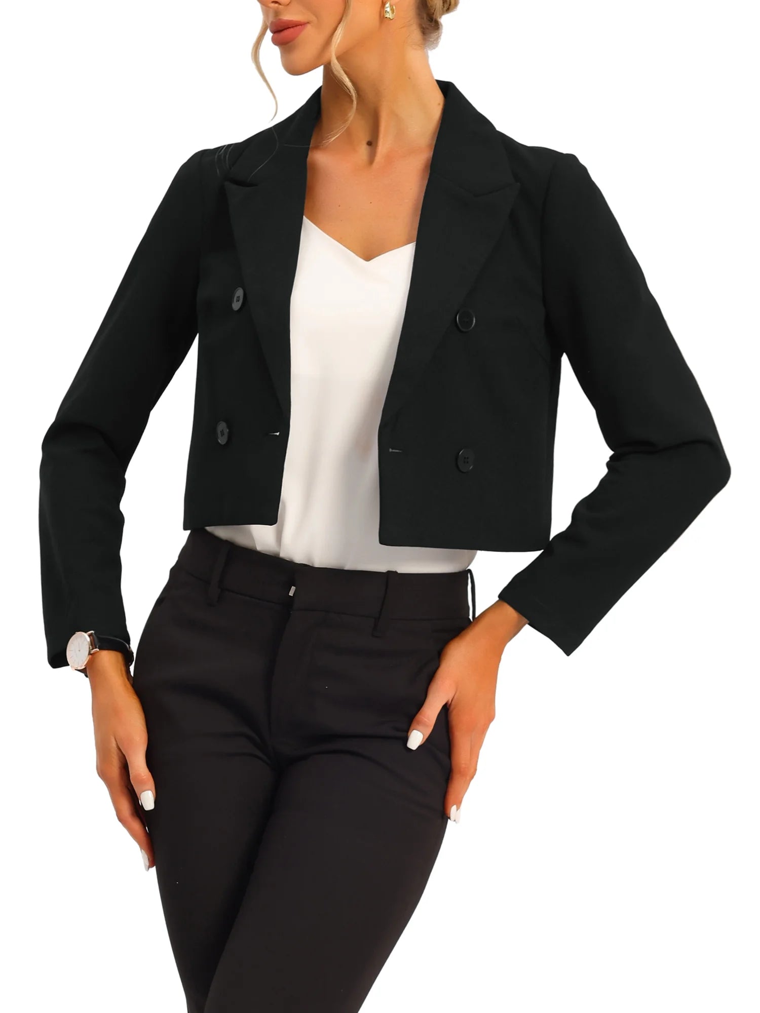 Cropped Blazer Jacket for Women'S Notched Lapel Collar Casual Office Blazers M Black