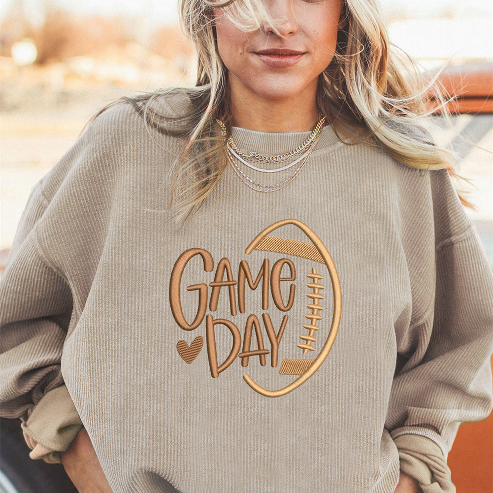 Smoke Gray Twisted Rib Texture Game Day Rugby Embroidered Baggy Sweatshirt