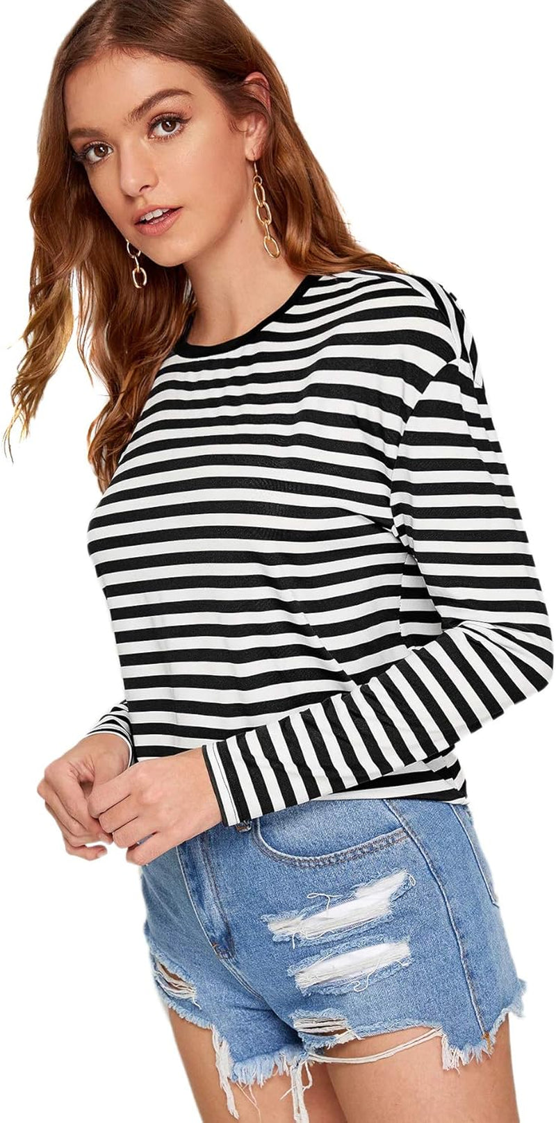 Women'S Casual Striped Tee Shirt Long Sleeve round Neck Top