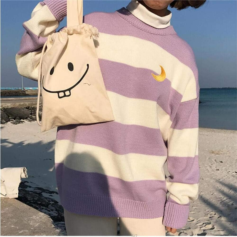 Women Kawaii Ulzzang College Wind Candy Contrast Striped Moon Sweater Clothing
