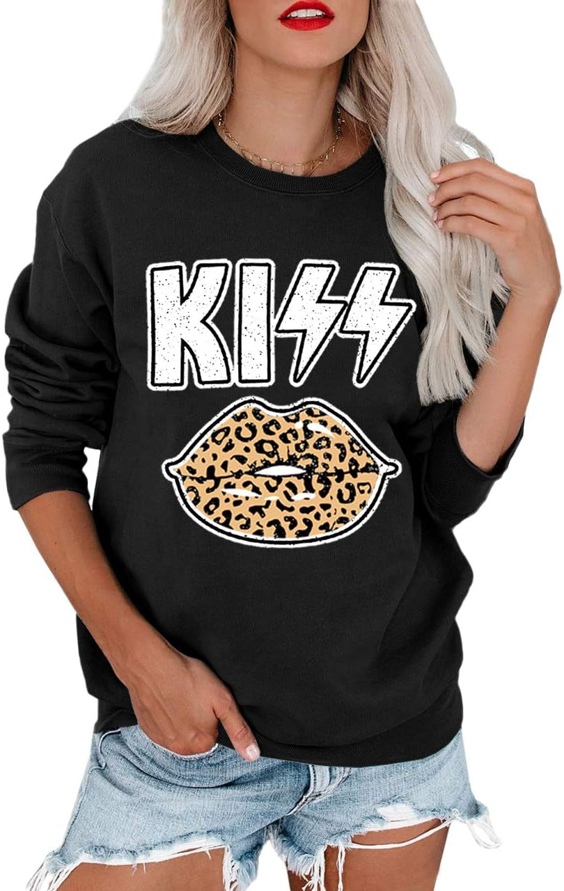 Crewneck Sweatshirts for Women Casual Graphic Shirts Warm Leopard Lips Print Pullover Tops Kiss Lip L