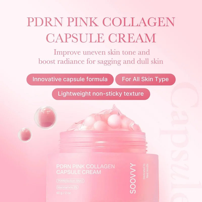 Pink Collagen Capsule Cream, Face Moisturizer, Lightweight Moisturizing Cream , Niacinamide for Uneven Skin Tone, Glow Hydration, Korean Skin Care, 2 Oz