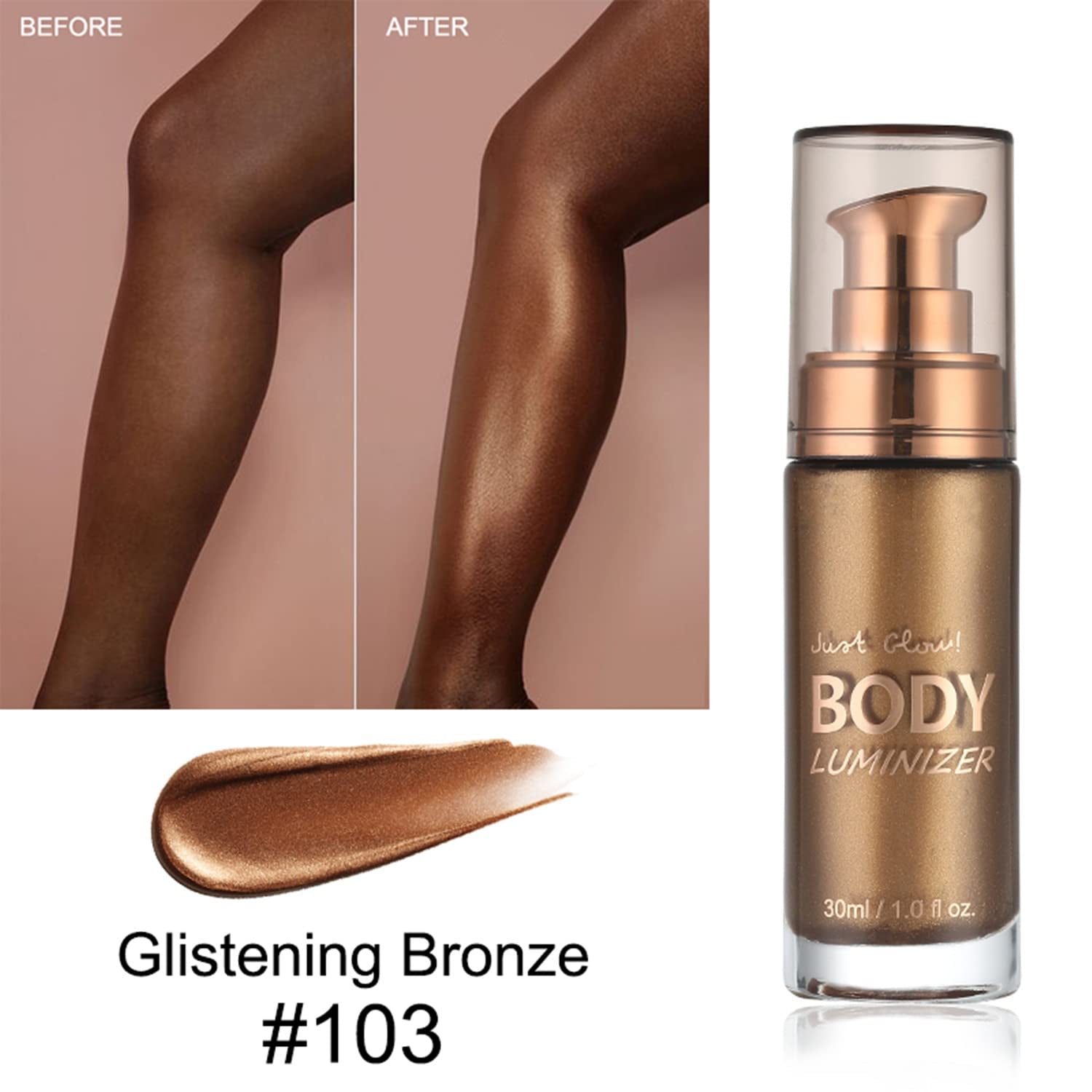 Body Luminizer 6 Colors Waterproof Smooth Shimmer Face Glow Illuminator Non-Sticky Liquid Highlight (30 ML, 03 Glistening Bronze)