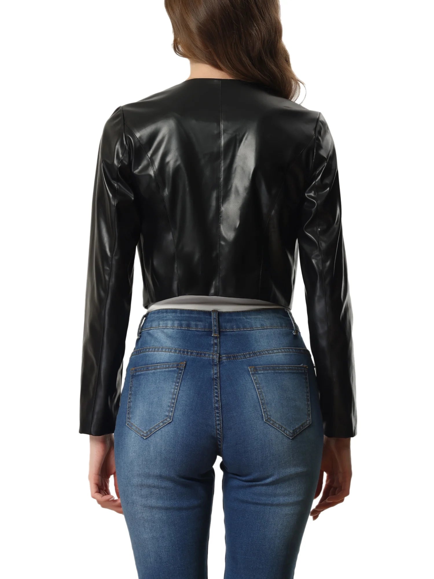 Faux PU Leather Jacket for Women'S Open Front Long Sleeve Cropped Coat XS Black