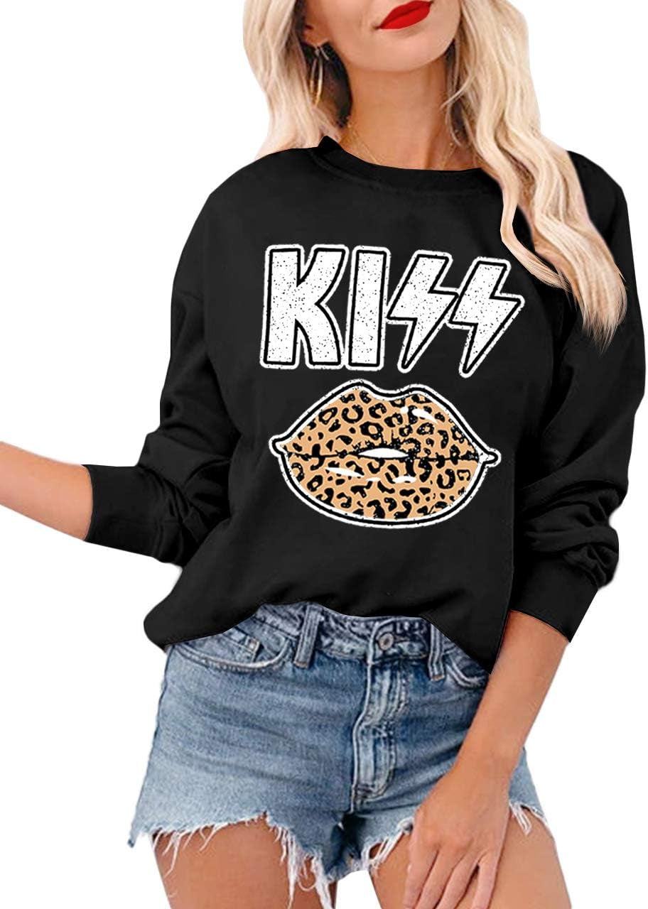 Crewneck Sweatshirts for Women Casual Graphic Shirts Warm Leopard Lips Print Pullover Tops Kiss Lip L