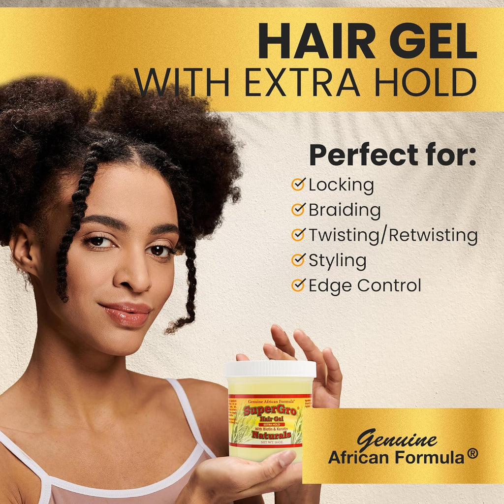 Supergro Hair Gel with Extra Hold - for Braiding, Locking, Instant Edge Control, Twisting, Retwisting - Natural Grip Jam for Neat Shining - Braid, Loc Care Gel with Black Castor Oil - 4 Oz