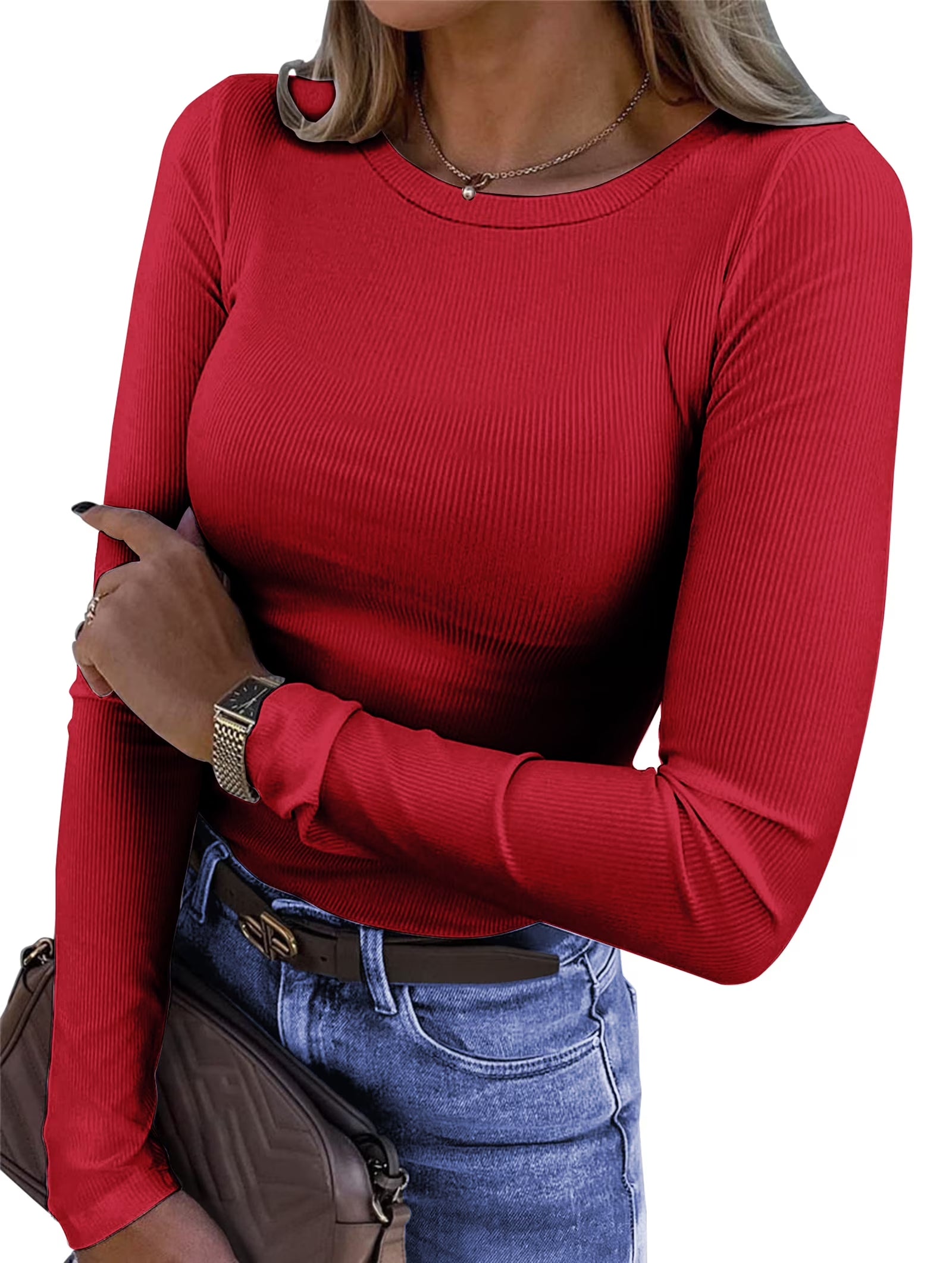 Fitted Long Sleeve Shirts for Women Stretch Casual Basic Tops Crewneck Ribbed Tees Shirts