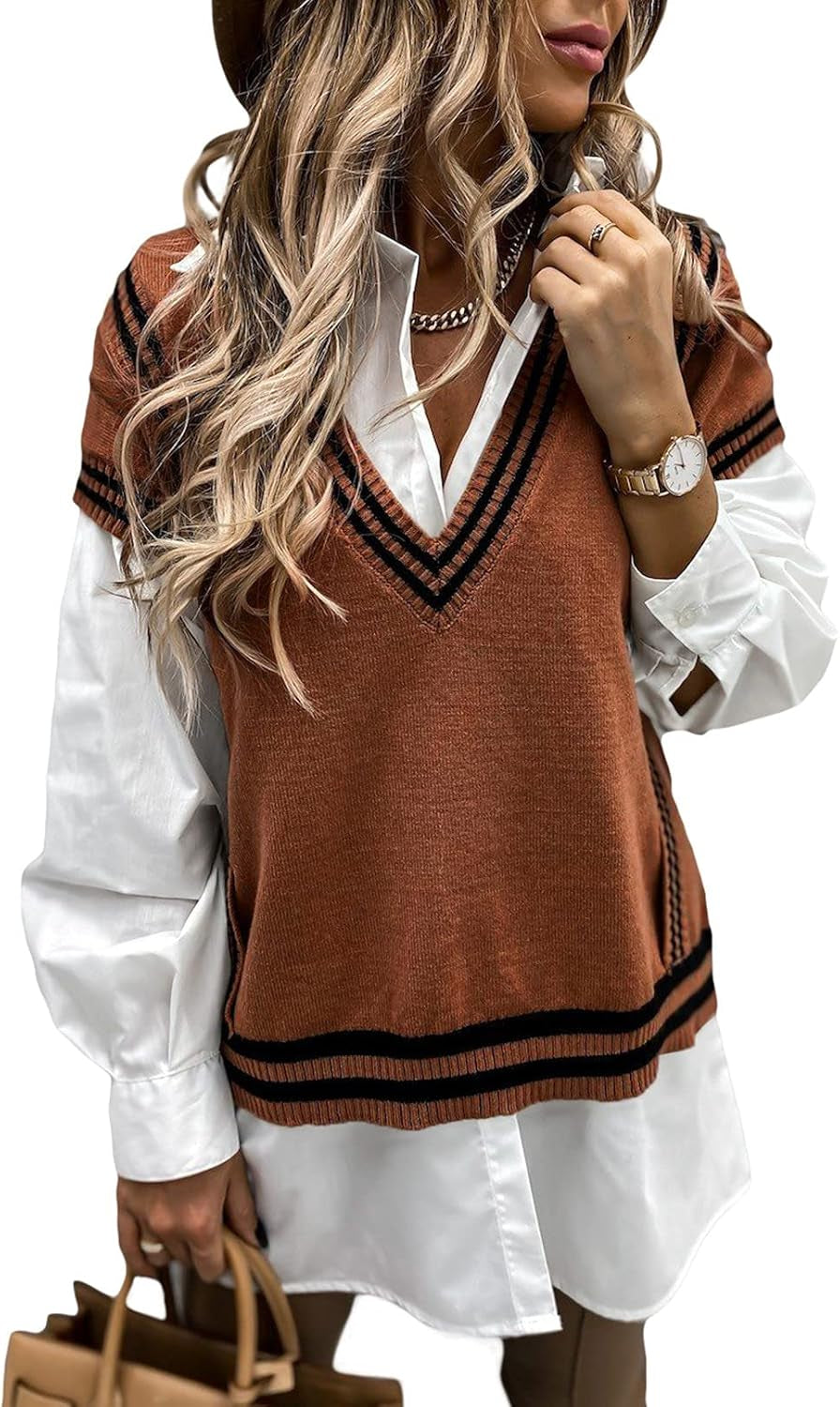Womens plus Size Oversized Knit Pullover Sweater Vest School Uniform Sleeveless Jumper Sweater Waistcoat Orange Brown 2XL