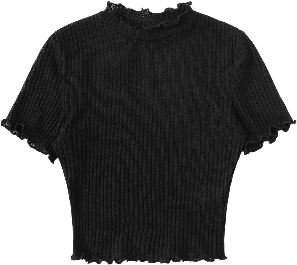 Women'S Lettuce Trim Ribbed Knit Short Sleeve Crop Top T-Shirt