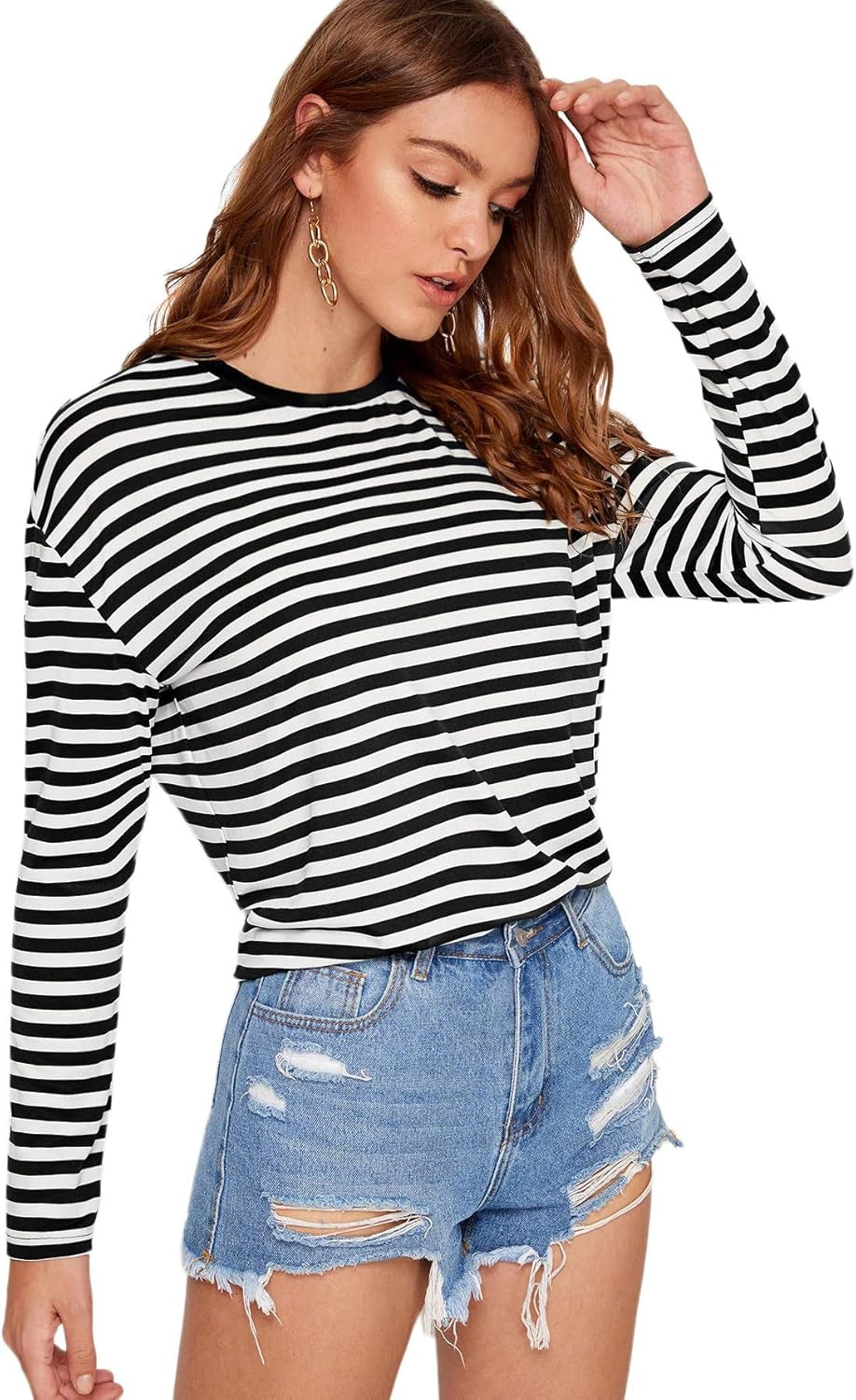 Women'S Casual Striped Tee Shirt Long Sleeve round Neck Top