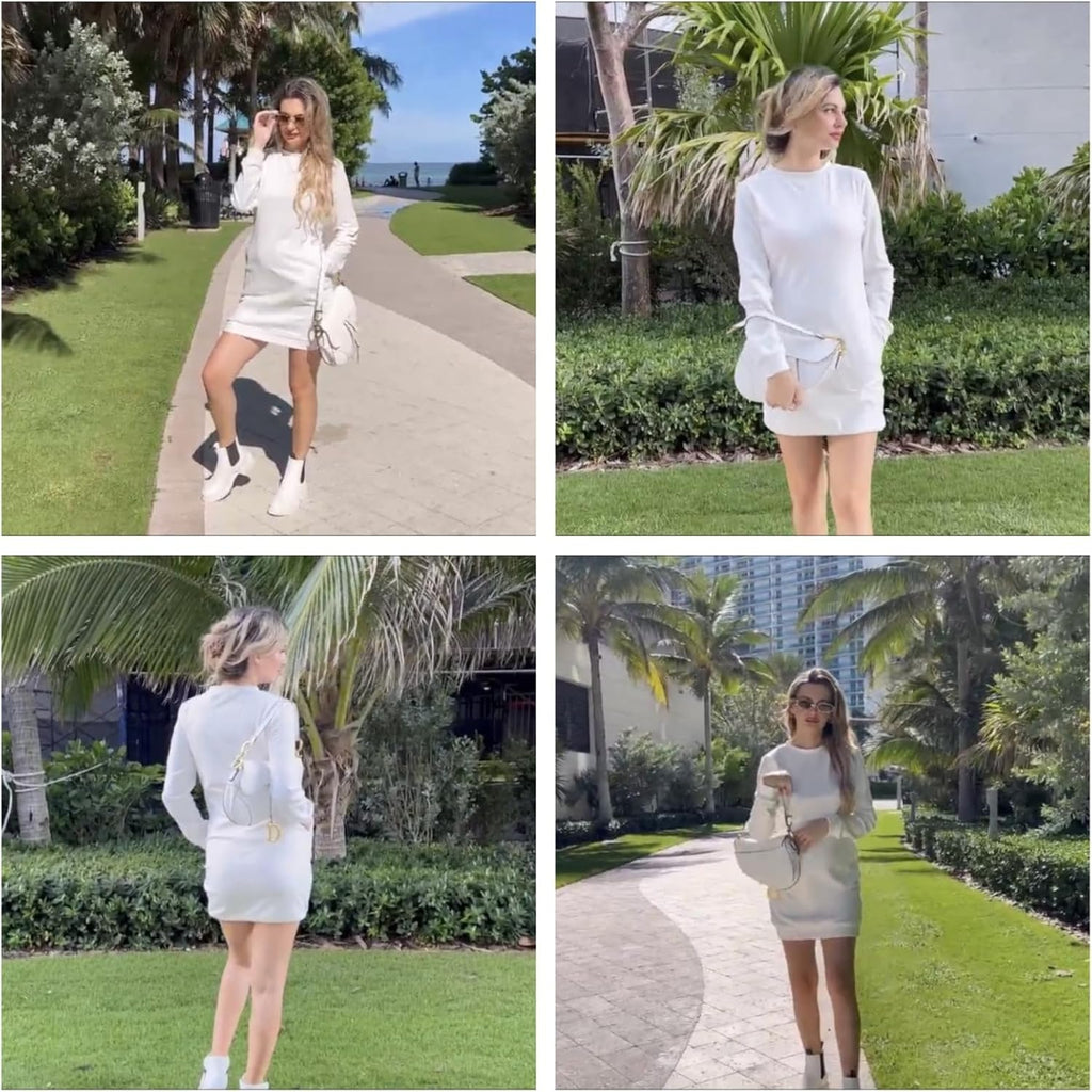 Women'S Fleece Long Sweatshirt Dress Crewneck Pullover Casual Long Sleeve Bodycon Mini Sweater Dress