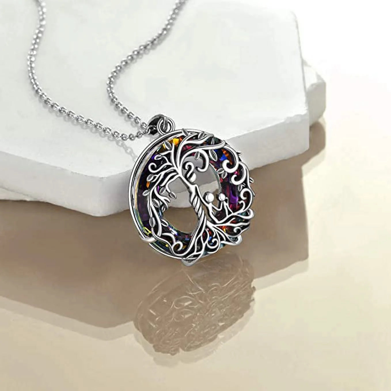 Mother and 2 Family Members Necklace Volcanic Crystal Tree of Life Pendant S925 Sterling Silver Family Protection Jewelry for Mom New Mother Keepsake Gift for Grandma Daughter Her