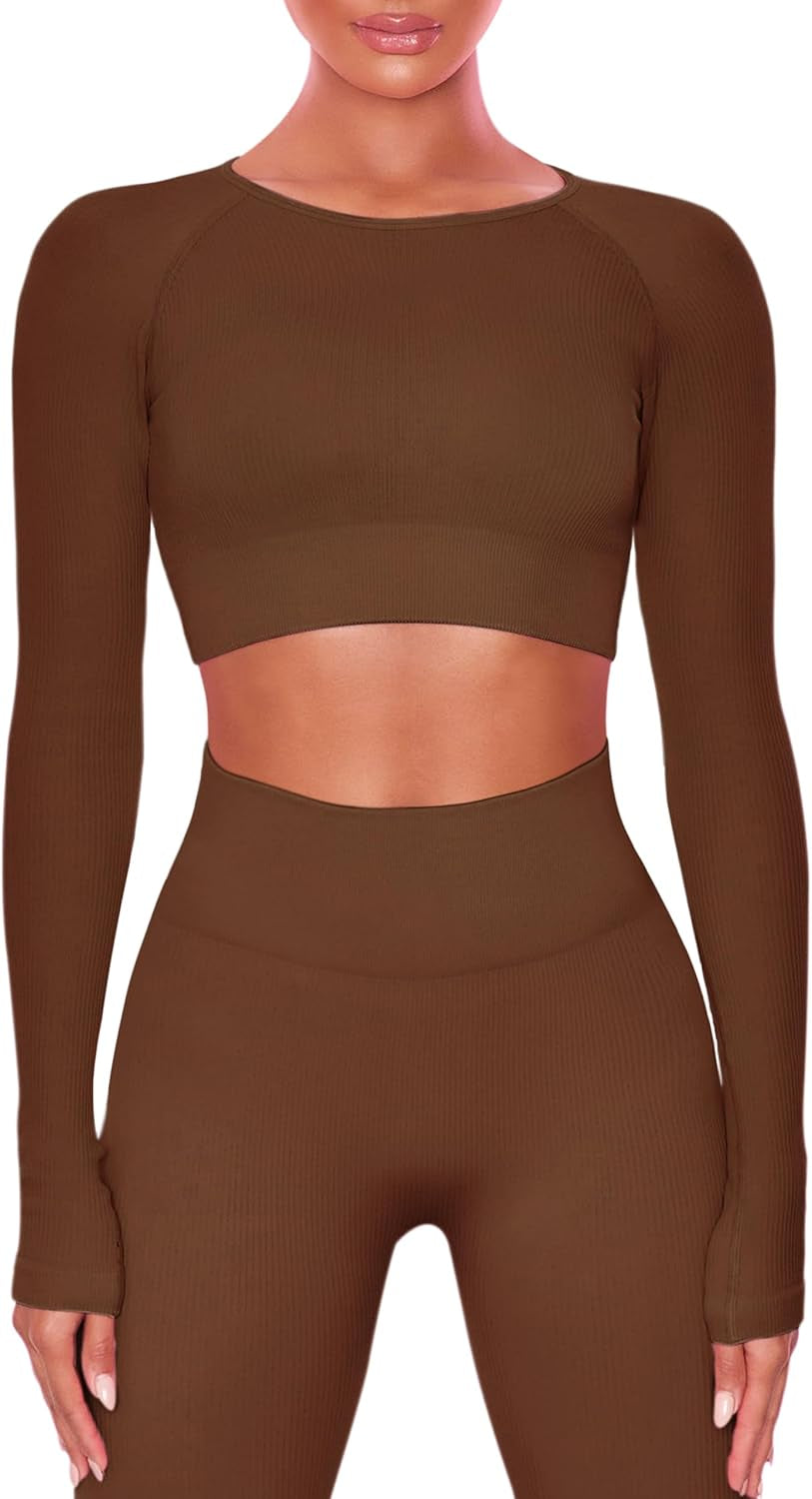 Women Workout Sets 2 Pieces Long Sleeve Yoga Outfits Gym Clothes Seamless Ribbed Crop Top High Waist Leggings