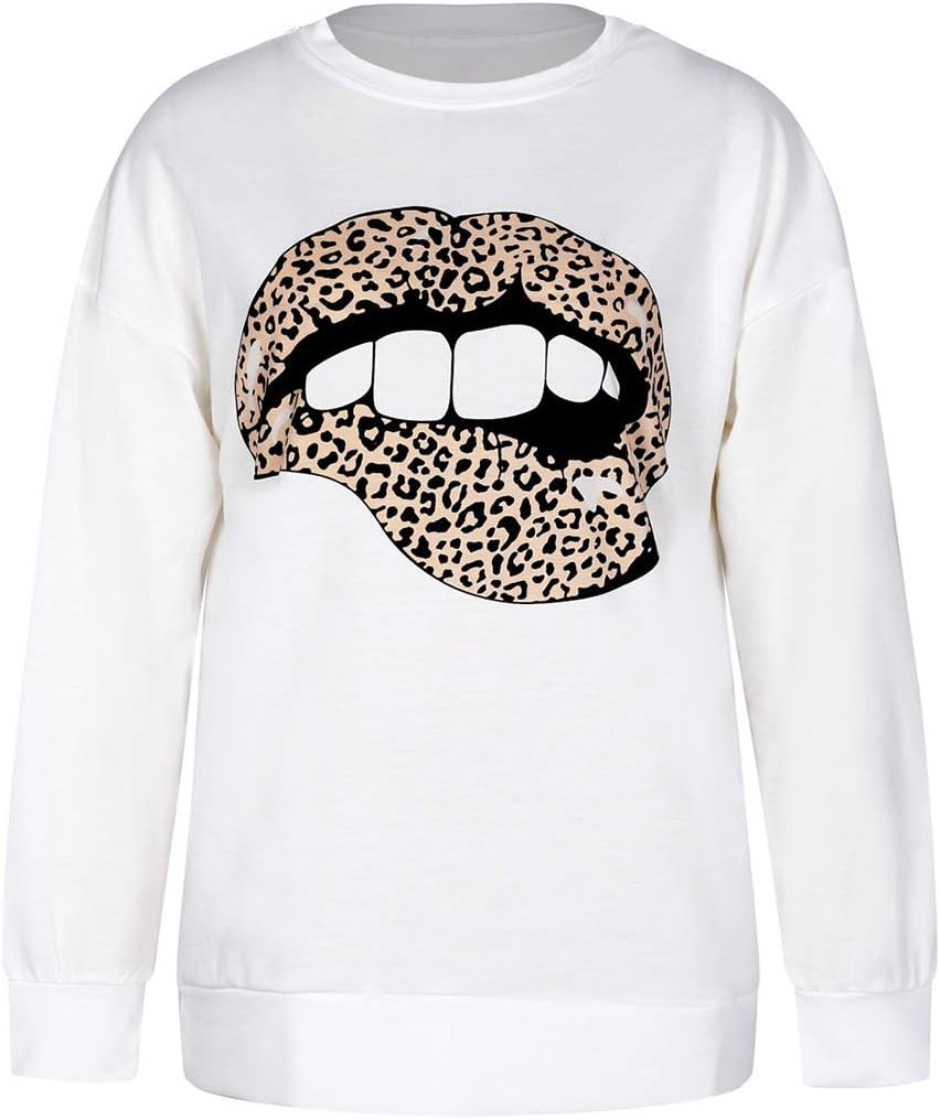 Women'S Skull Print Lips Long Sleeve Girls Junior White Crewneck Sweatshirt