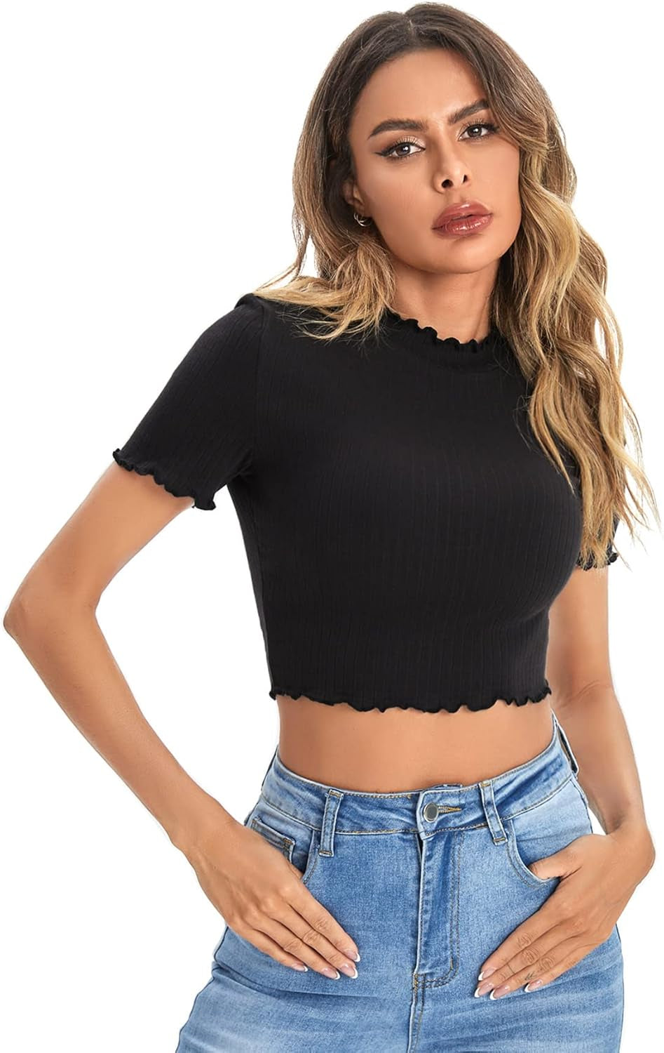 Women'S Lettuce Trim Ribbed Knit Short Sleeve Crop Top T-Shirt
