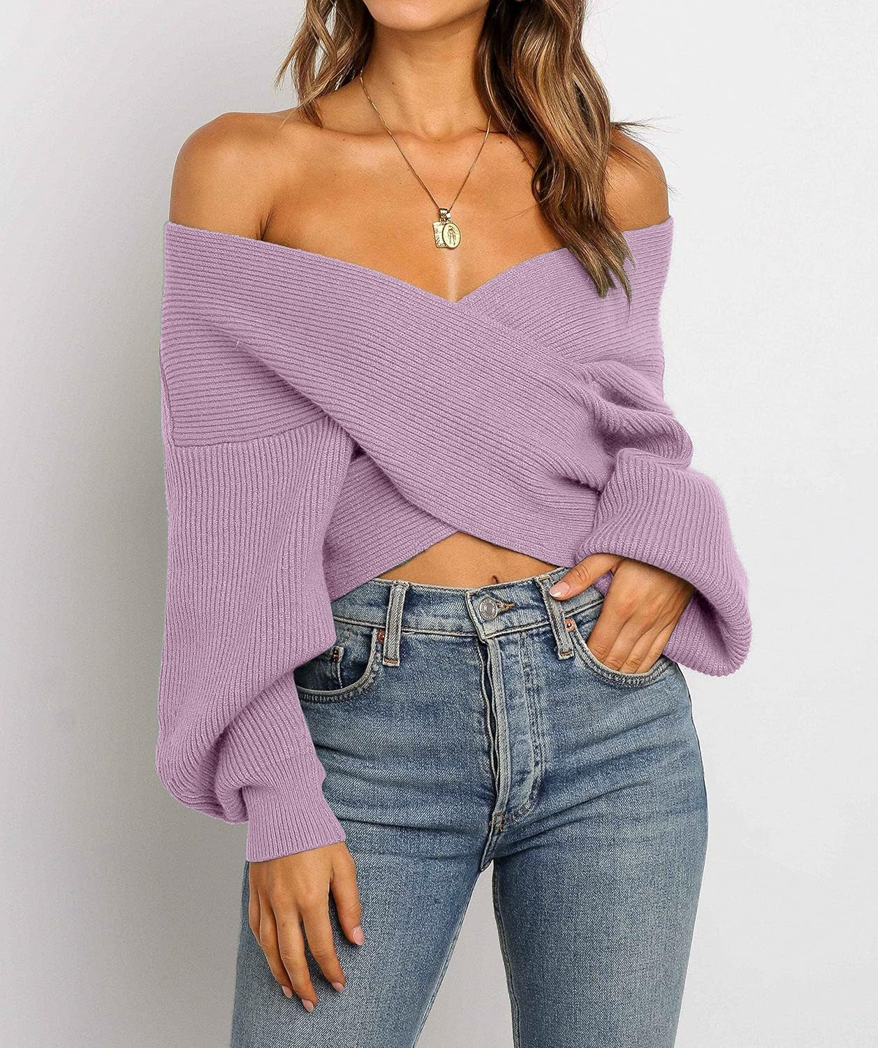Women'S Wrap V Neck Cropped Sweaters 2024 Fall Long Sleeve Cross Front off Shoulder Solid Knitted Pullover Tops