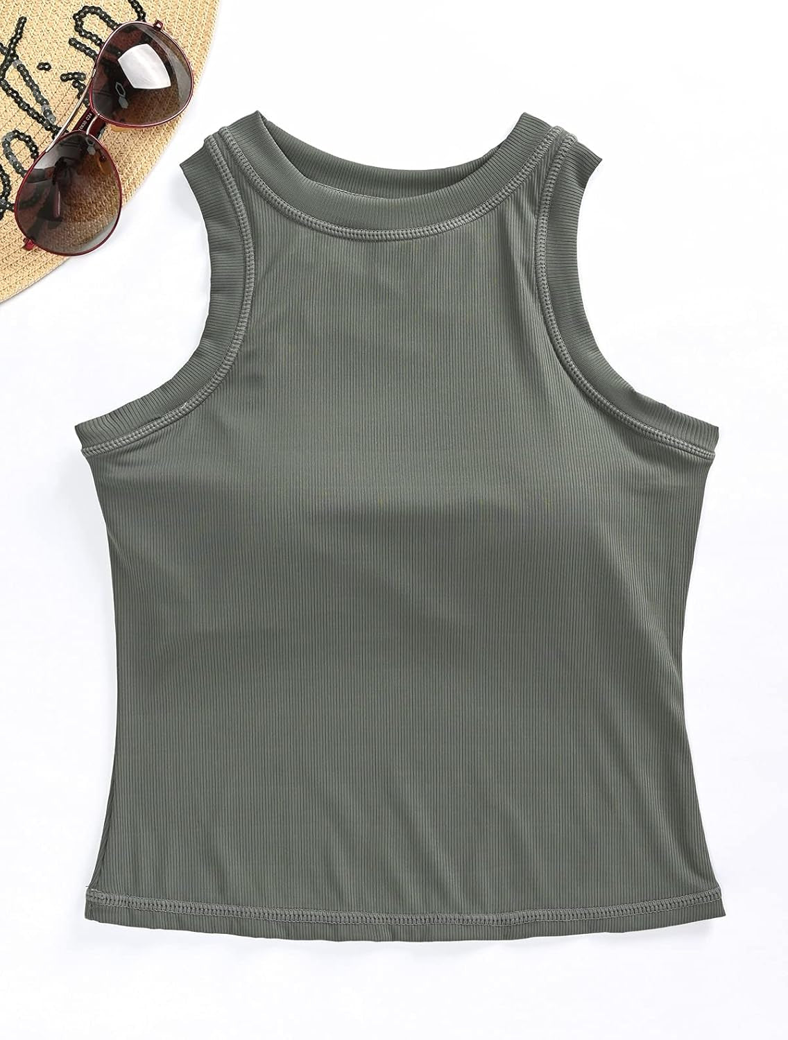 Women Ribbed Tank Tops Built in Bra Sleeveless Workout Racerback Yoga Crop Top High Neck Summer Outfit Long Shirts for Tenns