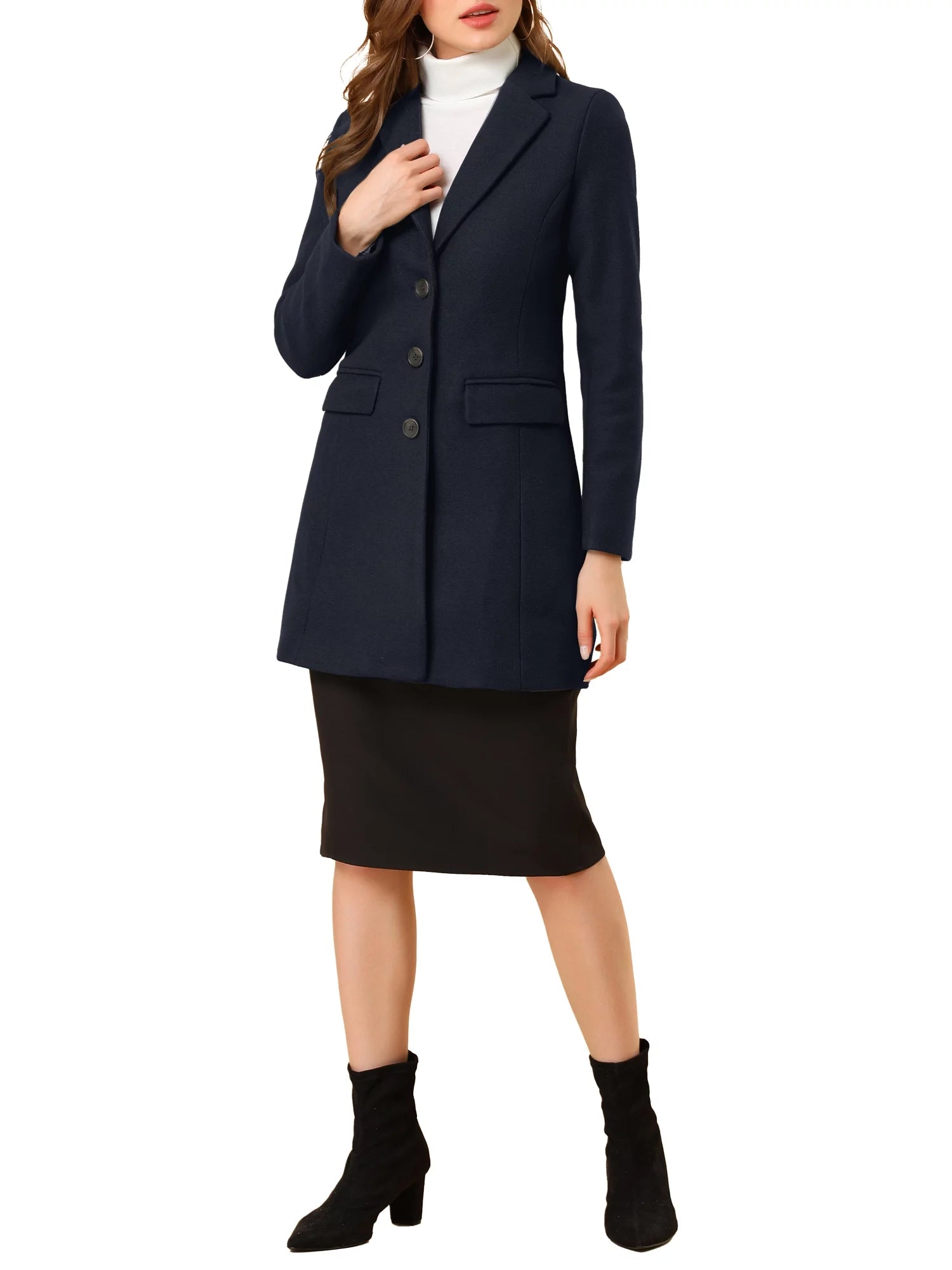 Women'S Coats Notched Lapel Long Sleeves Single Breasted Fall Winter Peacoat XL Dark Blue