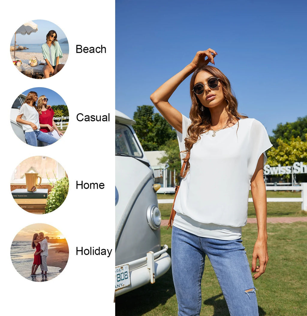 Women'S Summer Loose Casual Short Sleeve Chiffon Top T-Shirt Blouse,White,Large