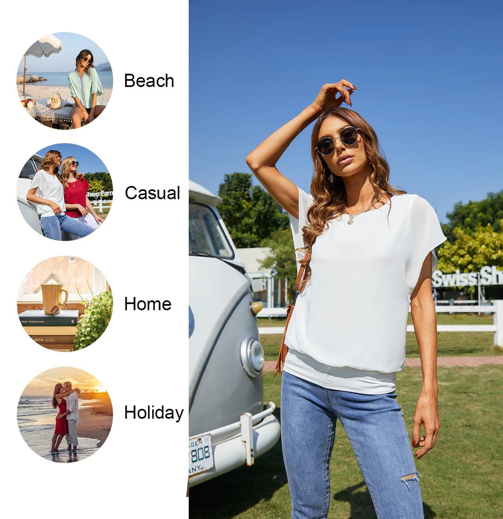 Women'S Summer Loose Casual Short Sleeve Chiffon Top T-Shirt Blouse,White,Large