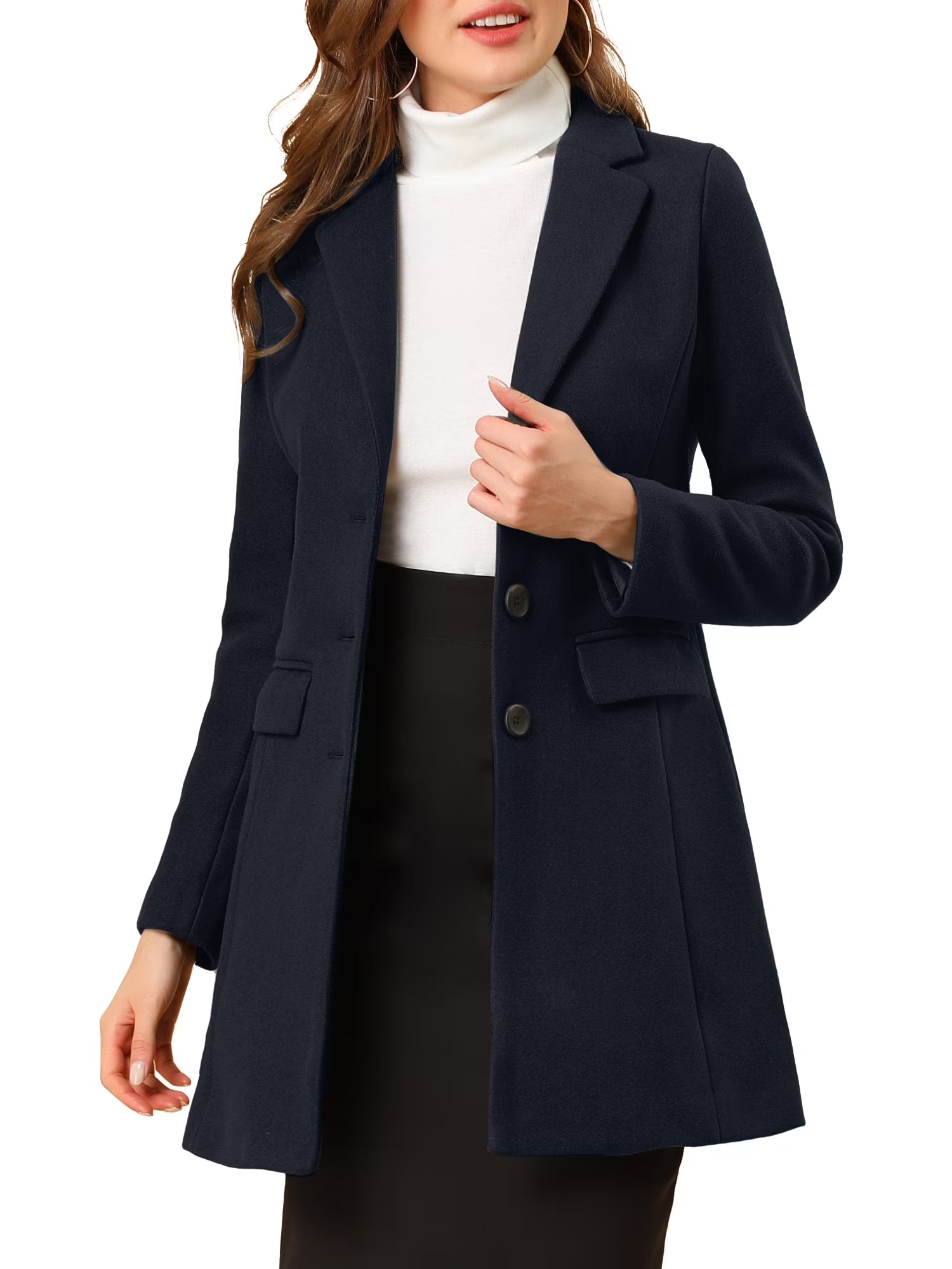 Women'S Coats Notched Lapel Long Sleeves Single Breasted Fall Winter Peacoat XL Dark Blue