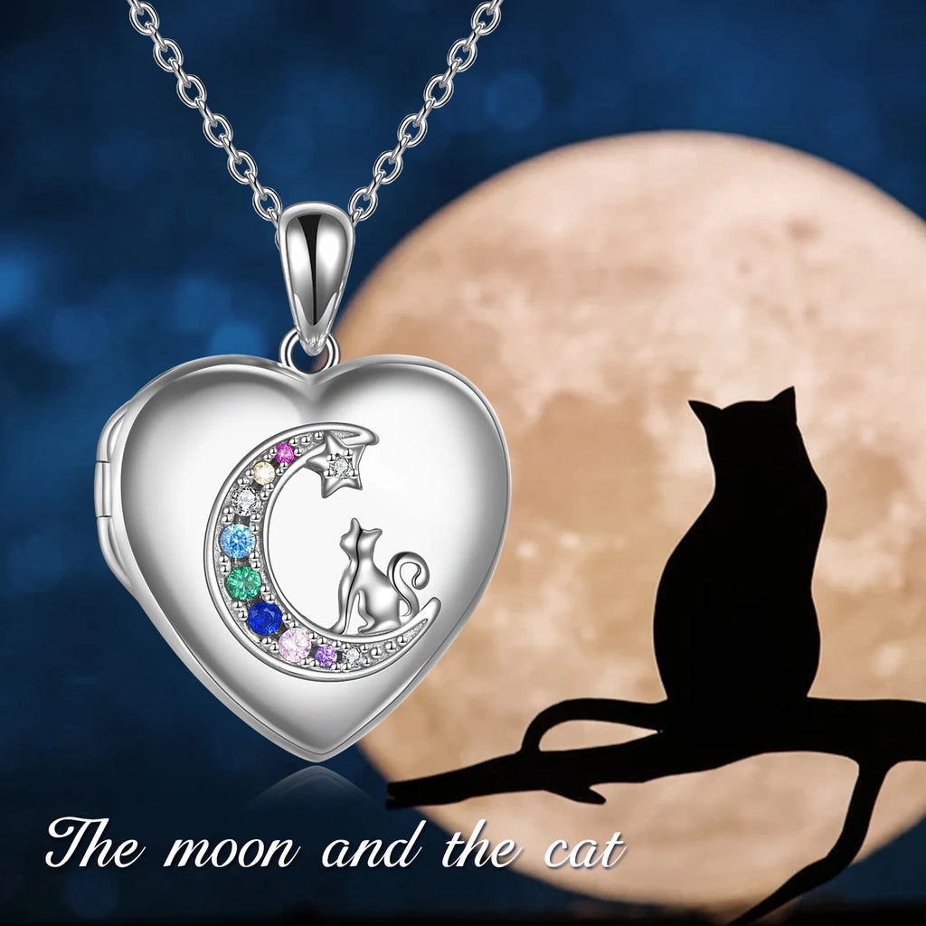 Sterling Silver Heart Cat Lockets Necklace That Holds Pictures Jewelry Birthday Anniversary Mothers Day Christmas Gifts for Women