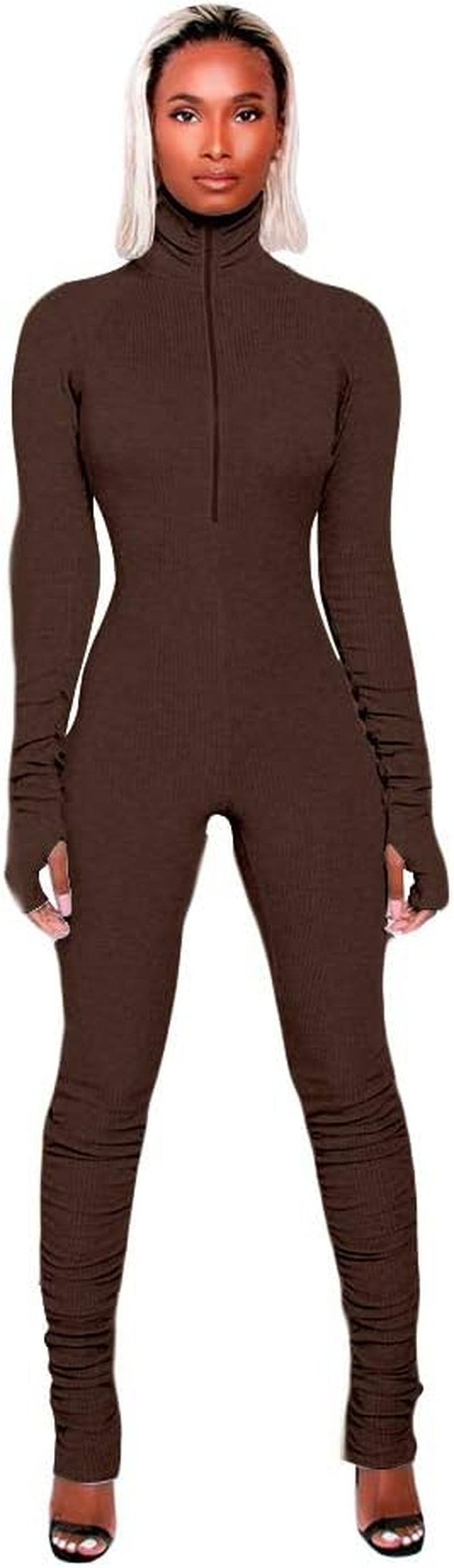 Women High Neck Zipper Ruched Bodycon Jumpsuit Tracksuit with Thumb Hole