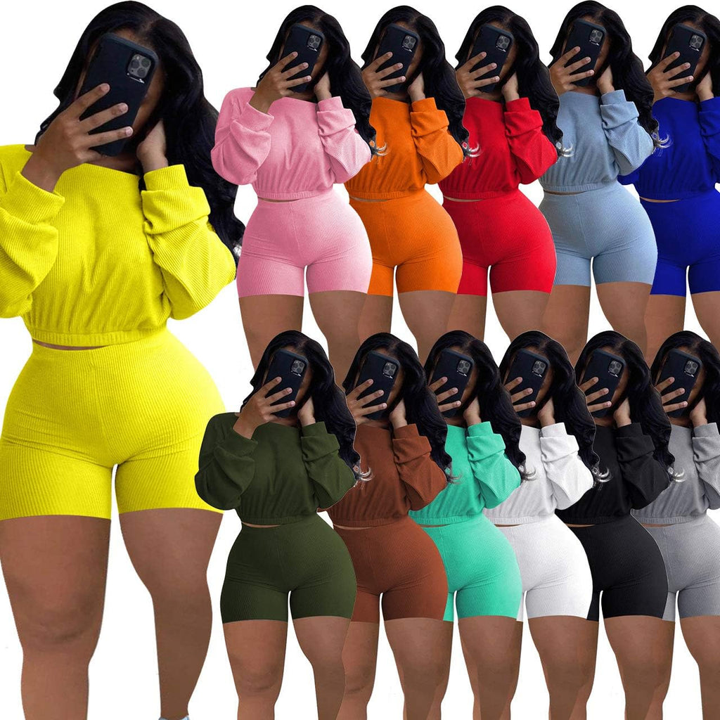 Shorts Sets Women 2 Piece Outfits Ribbed Crop Top High Waist Shorts Sexy Rompers Club Outfit Light Green S