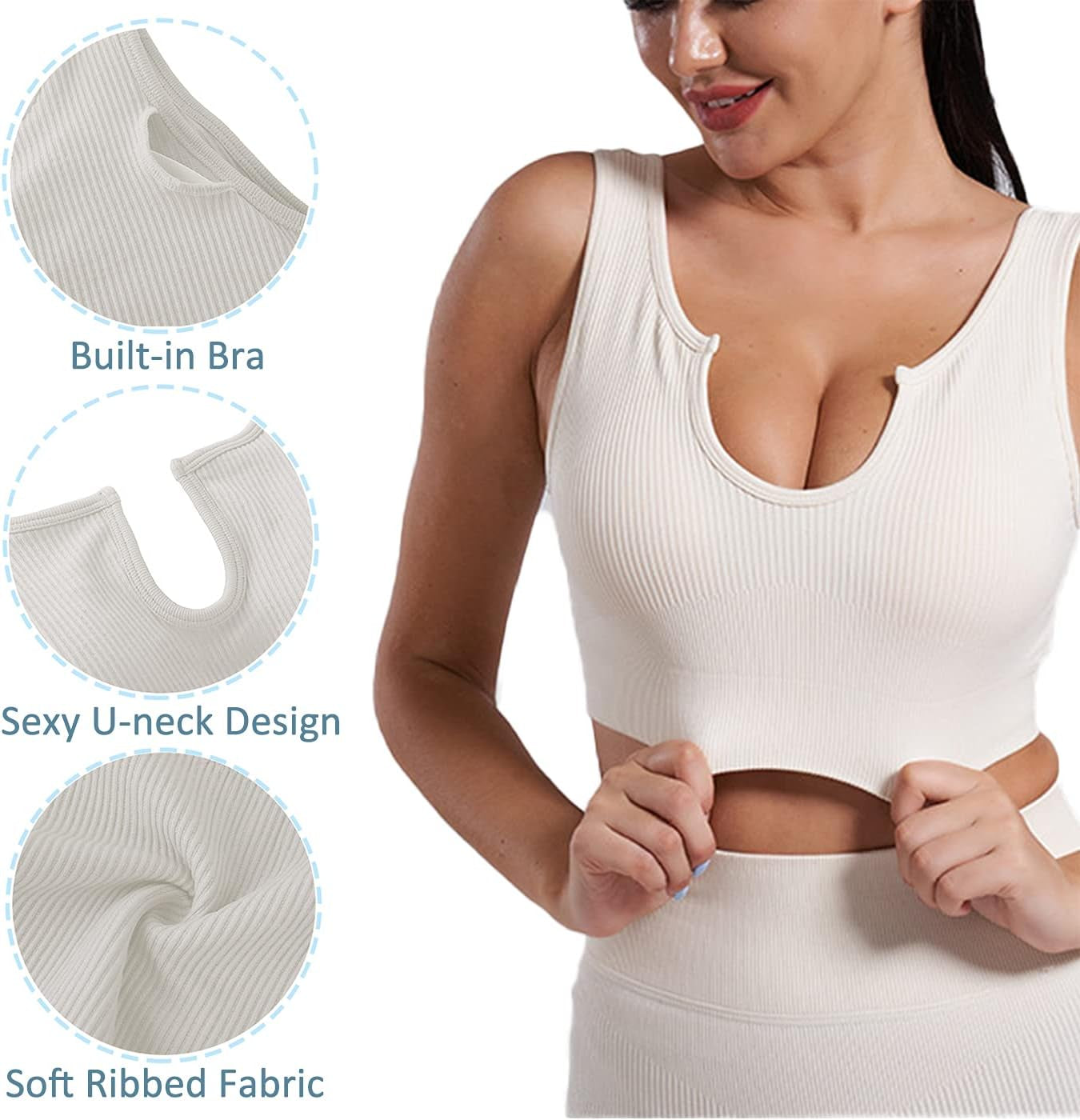 Workout Crop Tank Tops for Women,Ribbed Seamless Sports Bras Deep-V Sleeveless Running Fitness Yoga Bra with Padded