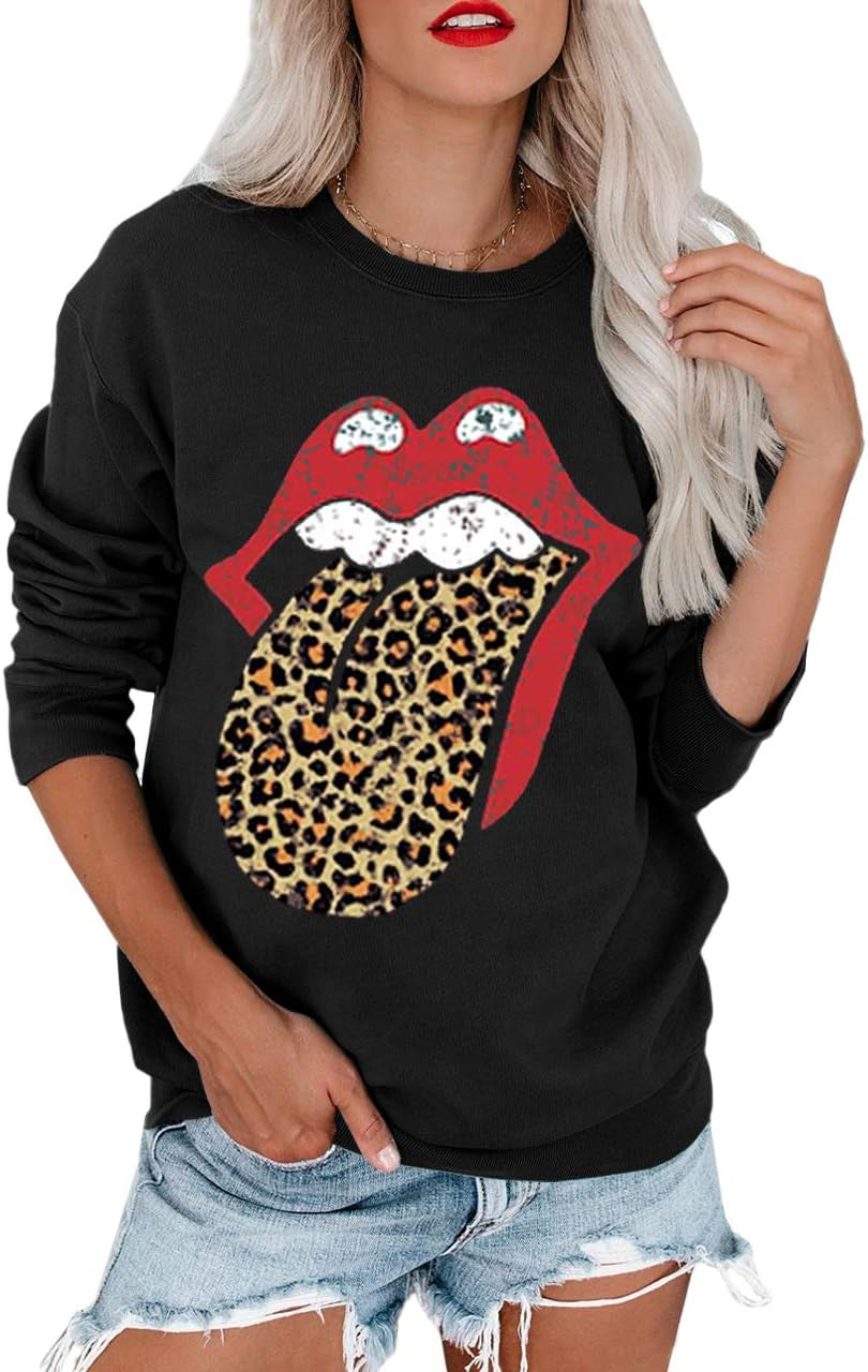 Fashion Red Lips Leopard Tongue Print Sweatshirts Black Pullover Tops Long Sleeve Lounge Tops Rep Lip Leopard Tongue S