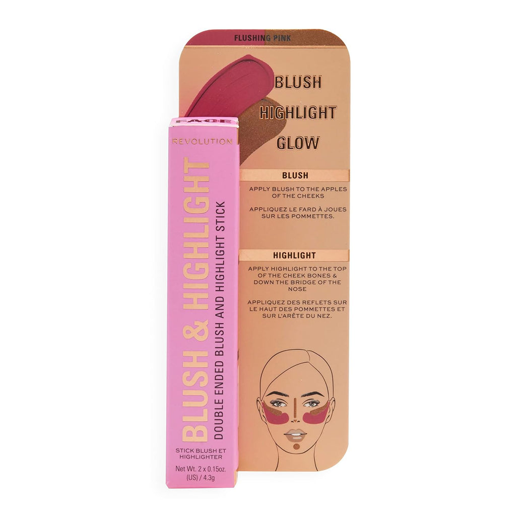 Revolution, Blush & Highlight Stick, Dual Ended, Highly Pigmented, Blendable Formula, Flushing Pink, 2 X 0.15 Oz.